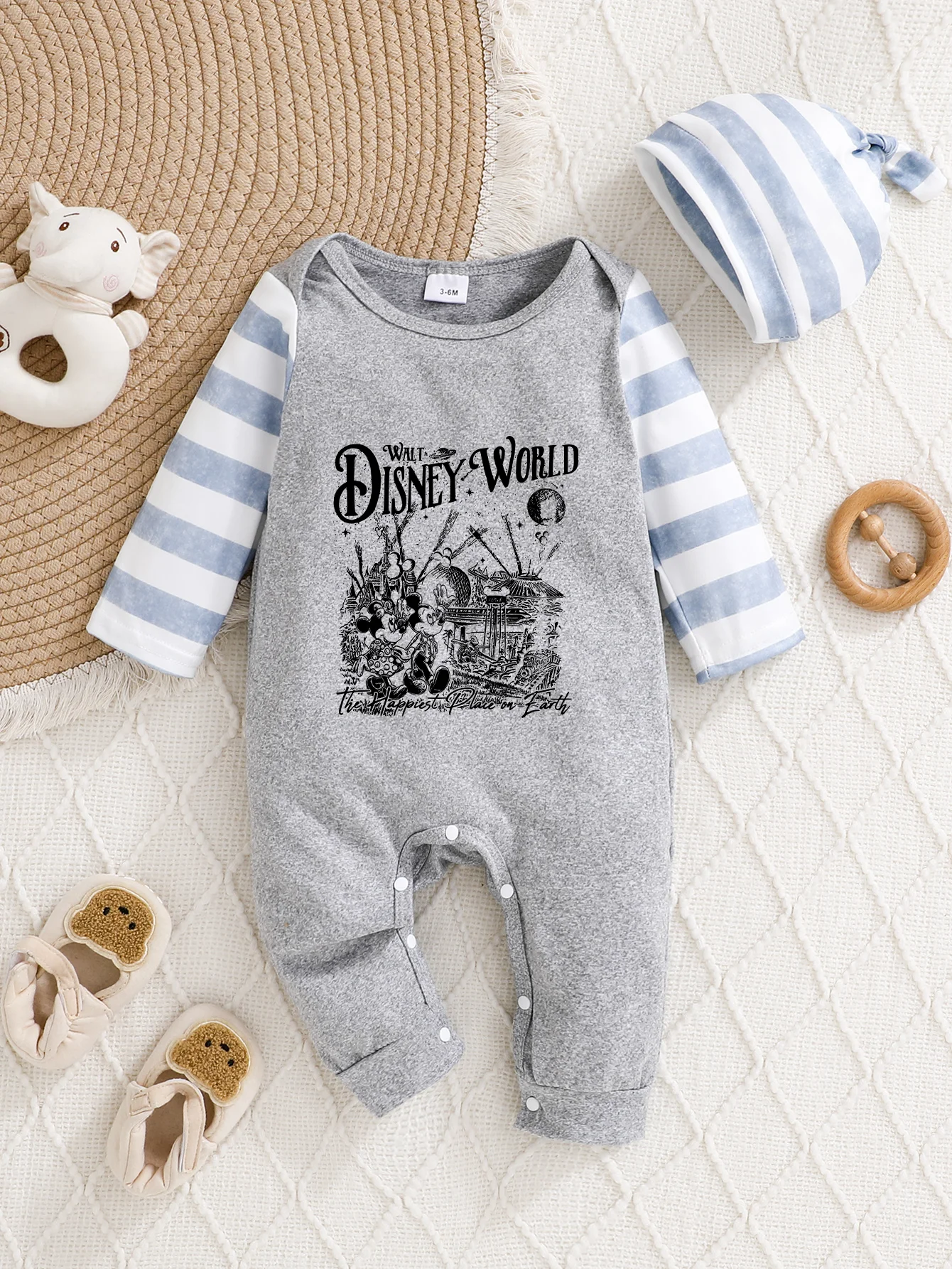 

【Officially Authorized】 Disney Walt Disney World Baby Hooded Jumpsuit | Gentle & Snuggly Fabric, Striped Sleeve Graphic