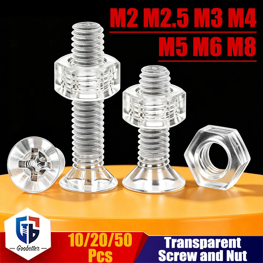 10/20/50Pcs M2 M2.5 M3 M4 M5 M6 M8 Transparent PC Plastic Phillips Countersunk Head Screws Bolt Hex Nuts Combo Set Fastener