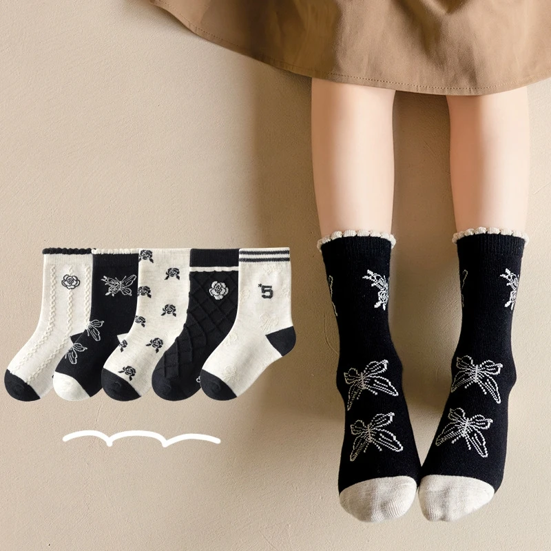 

5 Pairs Kids School Medium Socks Spring Autumn Cotton Girls Boys Calf Socks Cartoon Pattern Children Baby Clothing Accessories