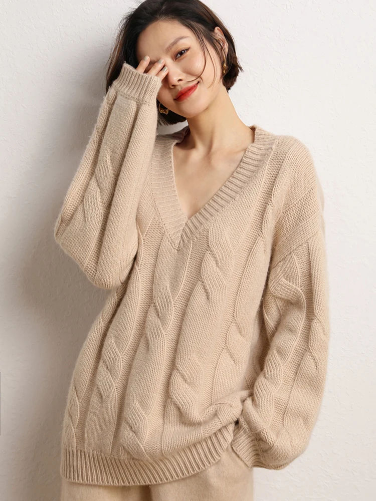 

Luxury Women Sweater 100% Cashmere Autumn Winter Sweater Pullover Clothing Sexy Deep V-Neck Pullover Twist Flower Loose Knitwear