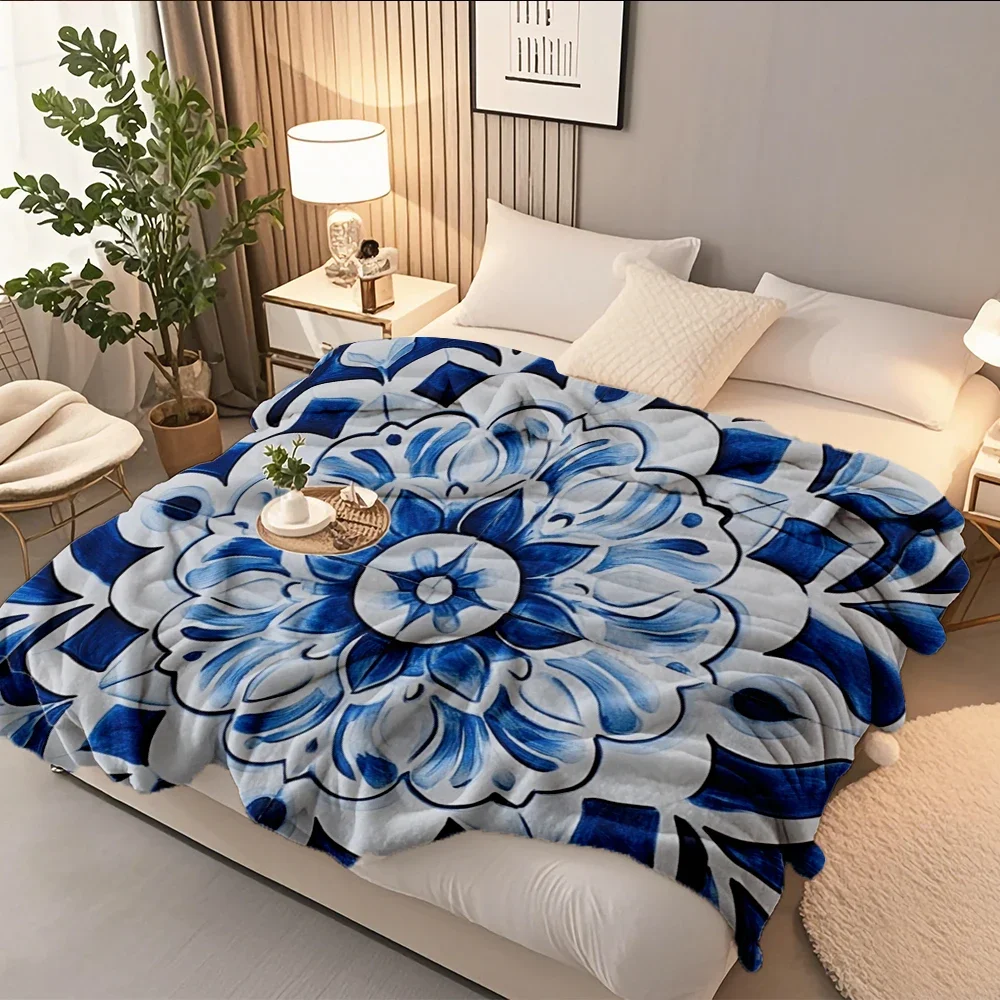 

Фланелевое мягкое одеяло в стиле ар-деко, керамическое синее португальское цветочное одеяло, одеяла для семейной гостевой комнаты с ультра-мягкой