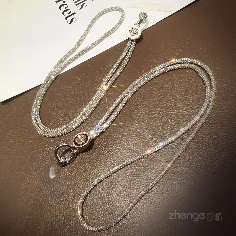 Mobile Phone Lanyard Women's Neck Strap Small Flower Full Diamond Hanging Rope Flash Drill Card Type Phone Case Universal Strap