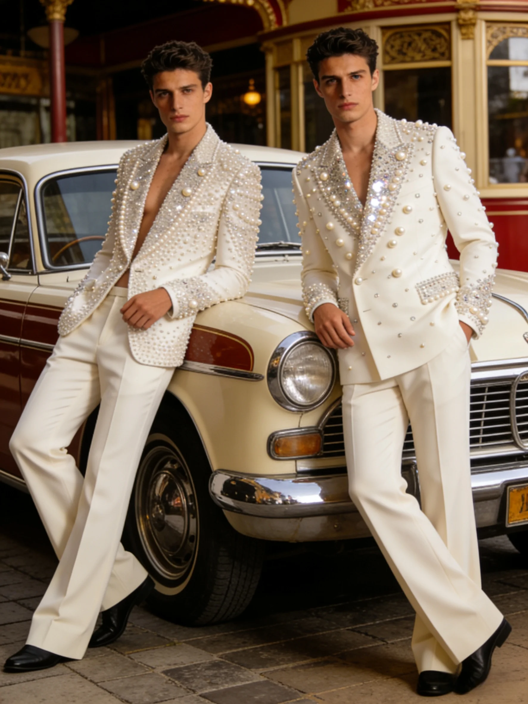 

White Luxury Pearls Men Suit Set 2 Pcs Blazer+Pants Trousers Customized Cotton Formal Office Jacket Wedding Tuxedos Prom Coat