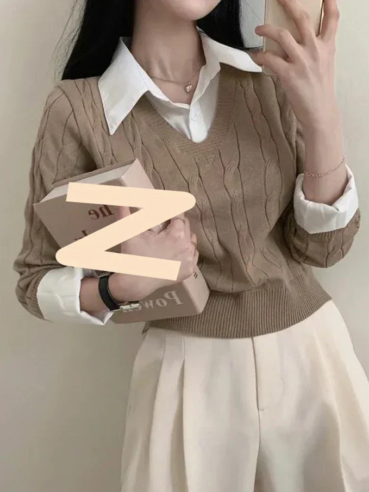 Knitted Sweater Women Korean Fashion Fake Two Pieces Pullover Lady Elegant Patchwork Shirt Autumn Long Sleeve Tops Office Jumper