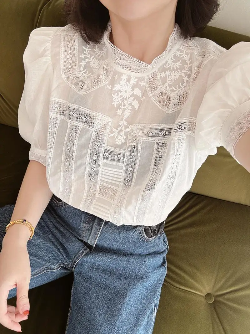 

Ele Romantic Court Sle Heavy Embroidery Lace Patchwork Details Overhead ort Sve irt White Cotton Bubble Sve