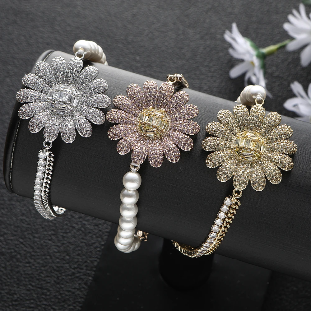 

New Luxury Sunflower Flower Pearl Bracelets Cubic Zirconia CZ Cuff Bracelets For Women Femme Fashion Jewelry A0168