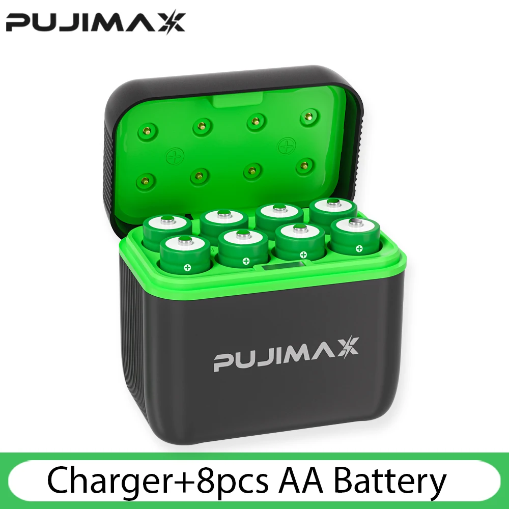 PUJIMAX 1,5 V constante spanning AA oplaadbare Li-ion 4255 mWh batterij met intelligent LED-display booglook batterijladerset