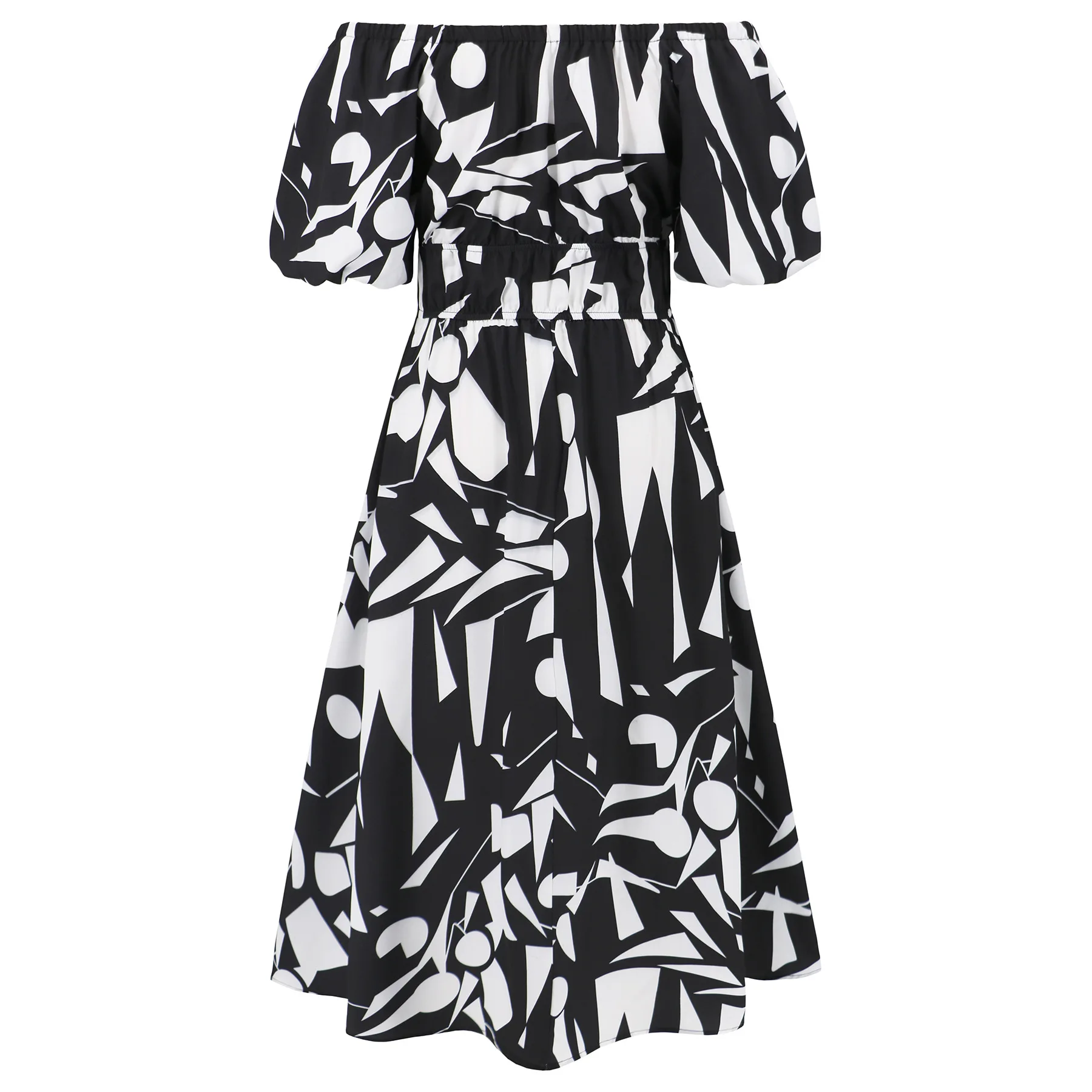 Sexy um pescoço bolha manga impressa saia, saia casual e elegante com uma grande exibição de vestido glamouroso