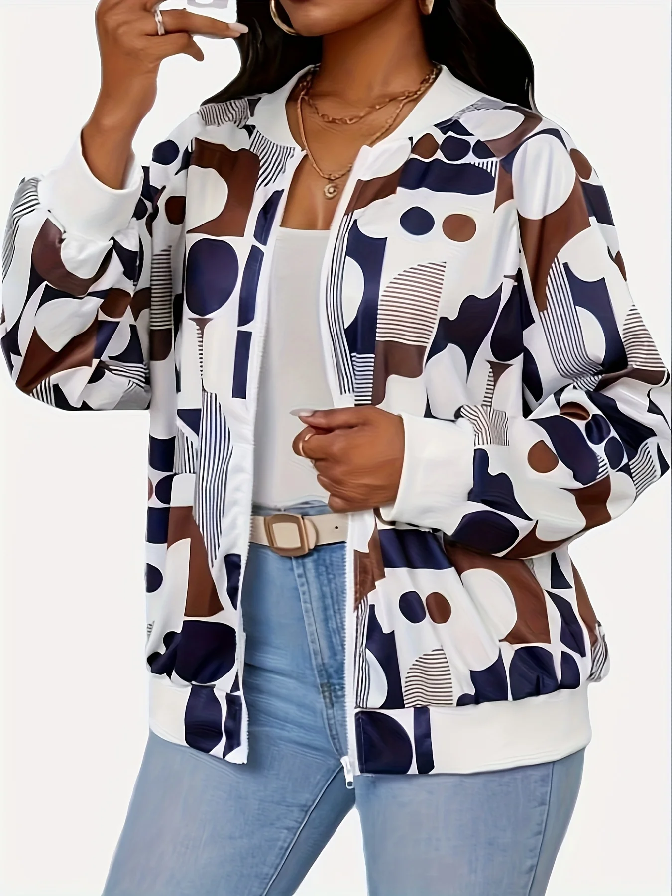 Modna damska kurtka z geometrycznym wzorem, kołnierz w stylu baseballowym, lekka odzież wierzchnia na co dzień, elegancki styl na wiosnę i jesień.