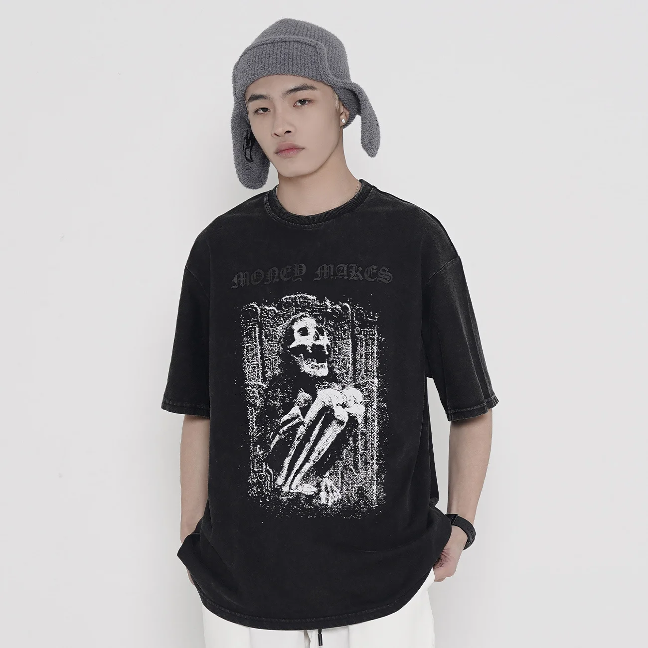 Summer 2022 Casual Tshirt Harajuku T-Shirt Streetwear Hip Hop Cotton Short Sleeve Shirt Retro Washed Skeleton Print Tshirt