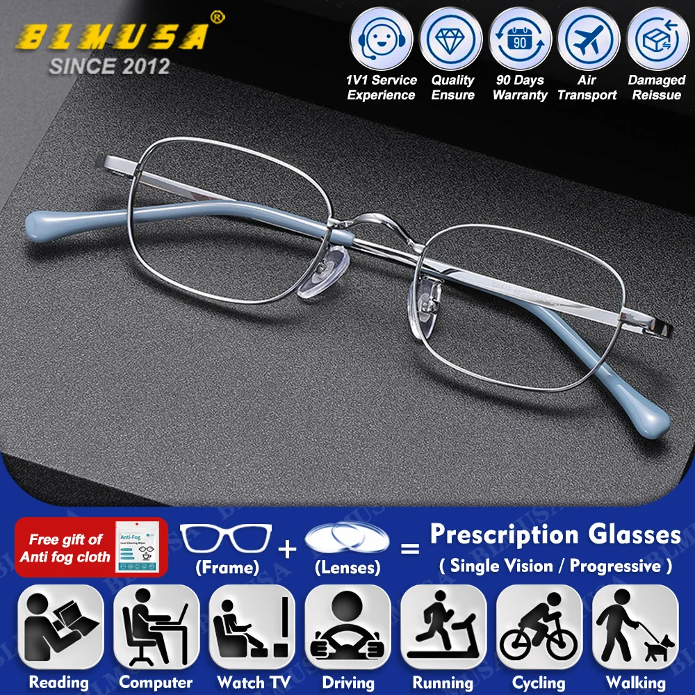 

BLMUSA (S) Classic Alloy Small Frame Myopia Photochromic Prescription Glasses Neutral Blue Light Blocking Progressive Eyeglasses