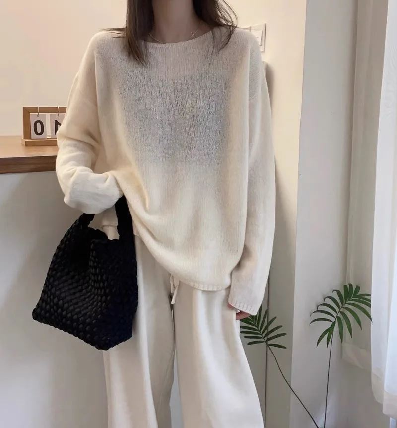 2023 autumn and winter new 100% cashmere sweater women\'s crewneck sweater loose bottom pullover