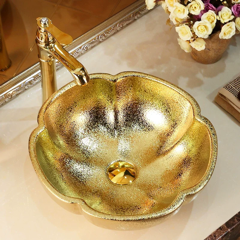 41Cm*41Cm Golden Petal-Shaped Ceramic Washbasin - an Ideal Choice for Modern Bathroom Equipment, Suitable for Changing Rooms, Vanity Tables, Public Rooms, Bathrooms, Toilets, and Rvs