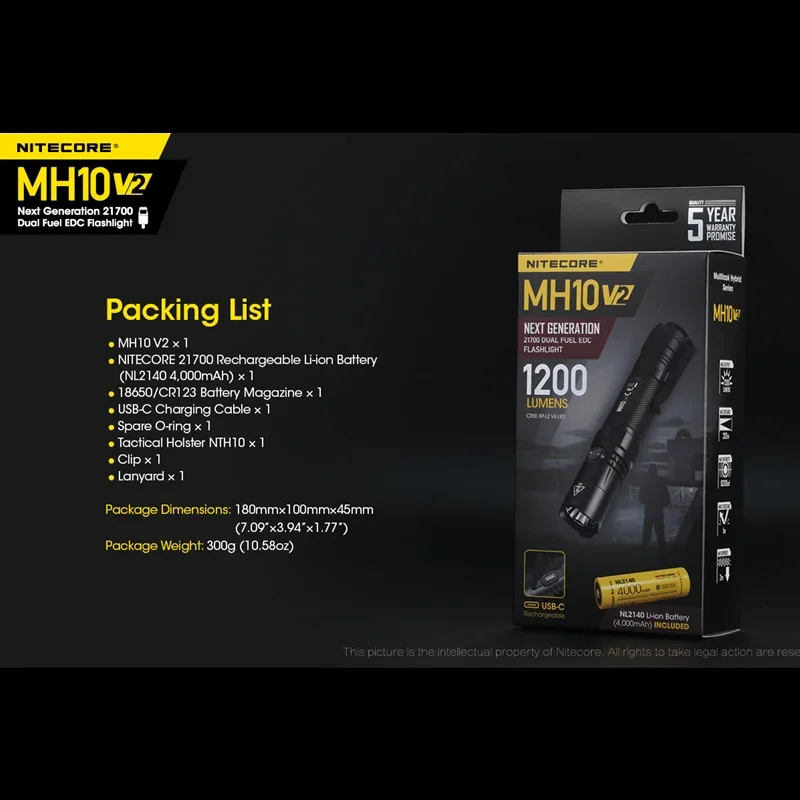 NITECORE MH10 V2 Rechargeable Led Flashlight 1200Lumens Utilizes a CREE XP-L2 V6 LED With 18650 4000mAh Battery Ultra Light