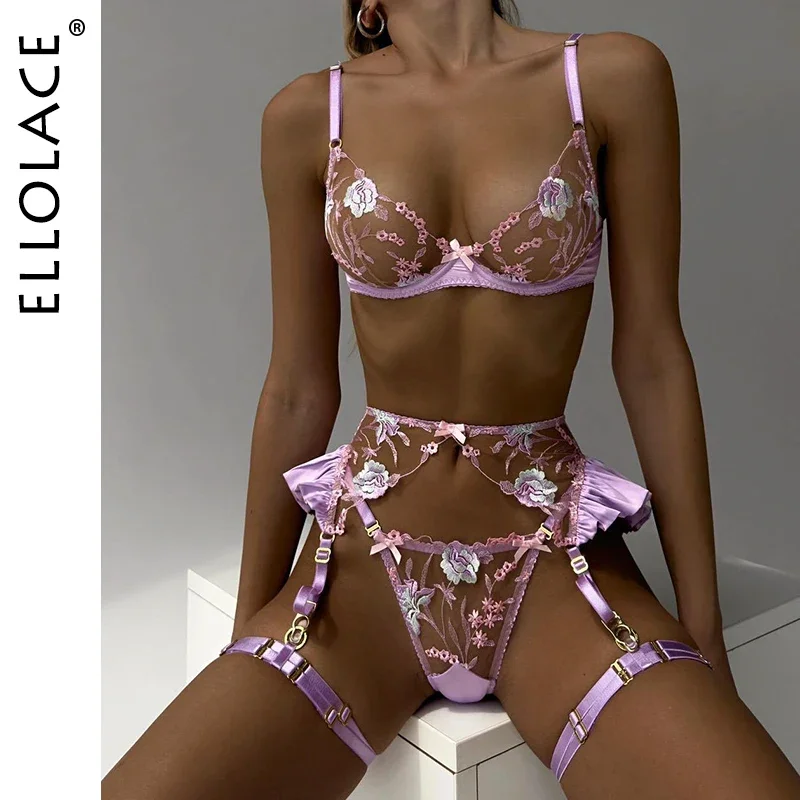 

Ellolace Ruffle Erotic Lingerie Floral Intimate Set Transparent Lace Sexy Fantasy Underwear Luxury Attractive Pushup Bra Outfits