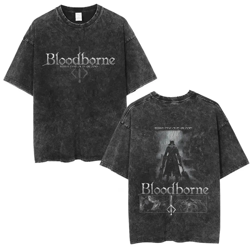 

Washed Vintage Game Bloodborne Horror Hunter T-shirt Men Women Casual Oversized Short Sleeve T Shirts Male Retro Cotton T-shirts