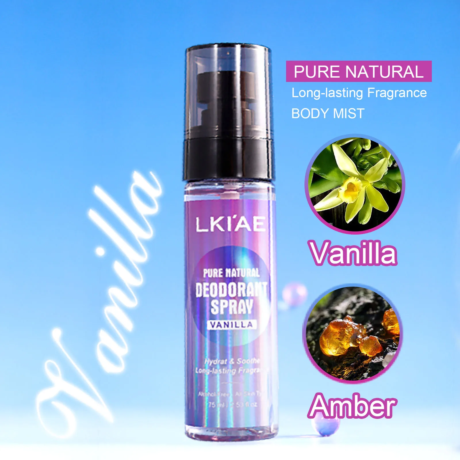 

LKIAE Antiperspirant Deodorant Body Spray, Vanilla & Amber Scent, 12-Hour odor and Sweat Protection for Women, Men, Travel Size