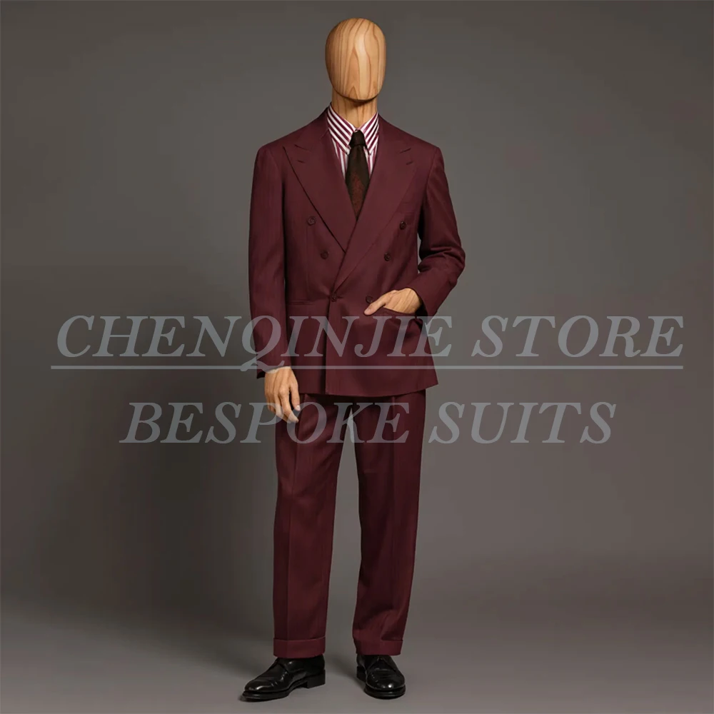 

High Quality Men's Suits for Wedding Burgundy Double Breasted Regular Fit Blazer Bespoke 2 Piece Jacket Pants Sets