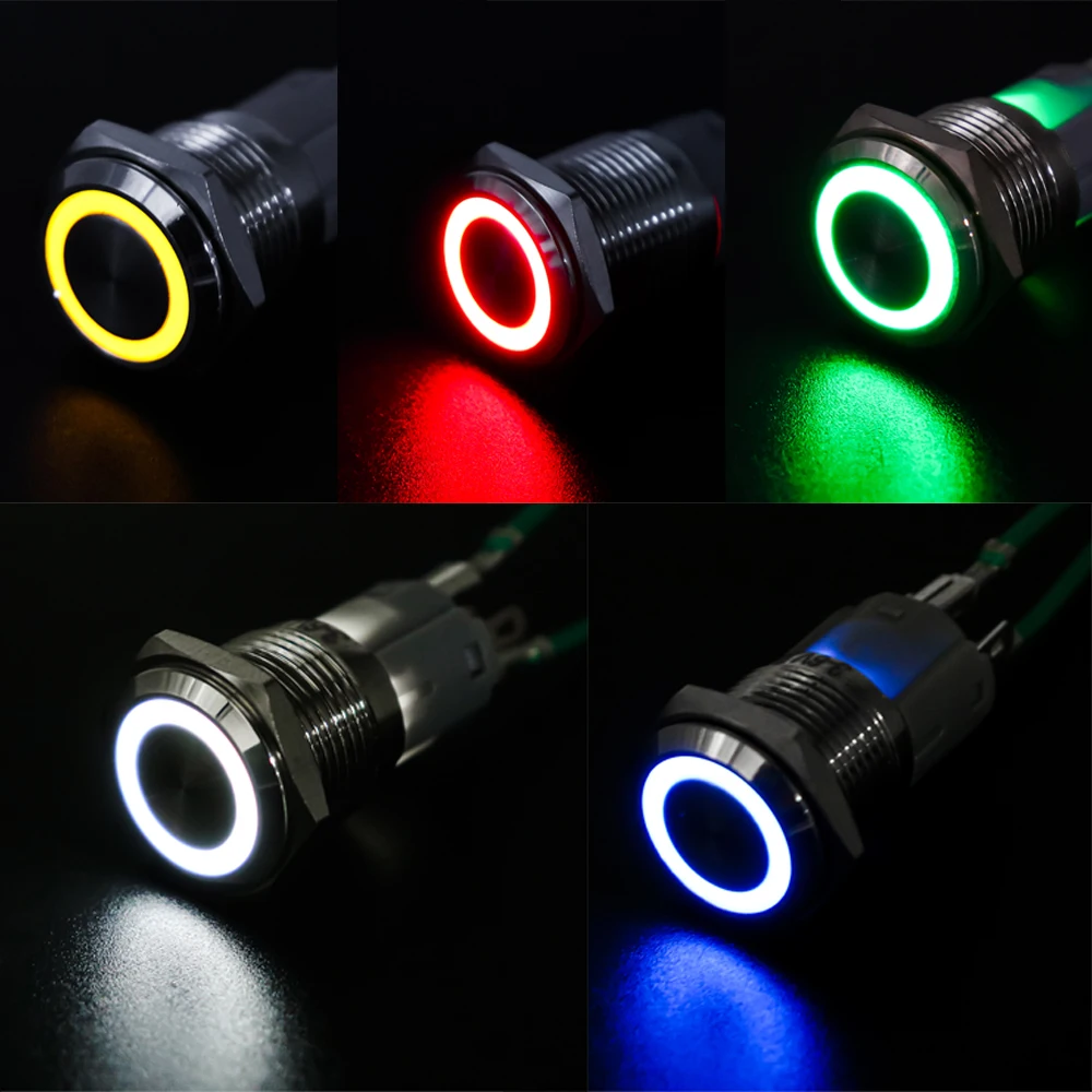 16mm Waterproof Metal Push Button Switch LED Light Anodize Oxide Black Momentary Latching Car Engine PC Power Switch 3-380V Red