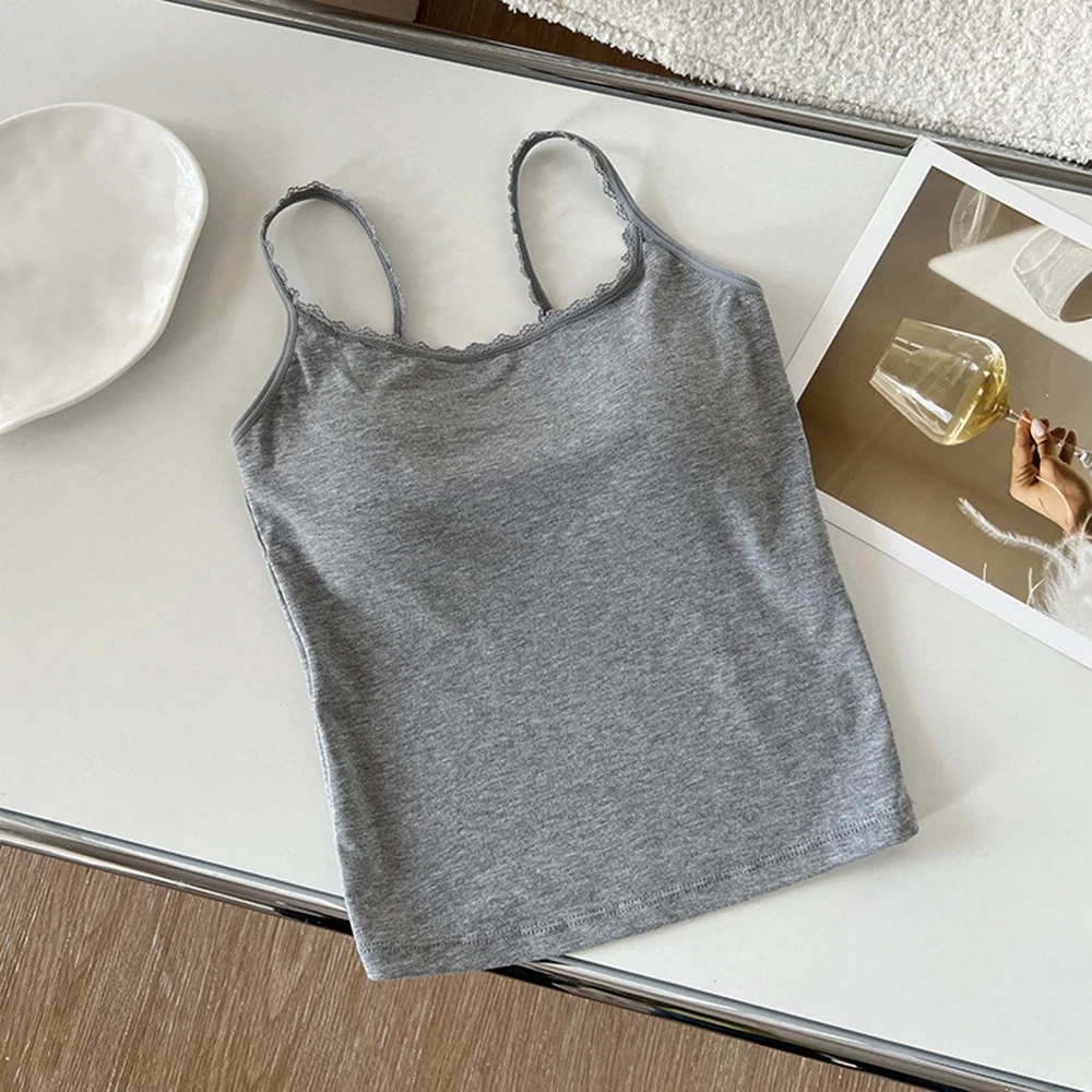 Lightweight Solid Color Vest for Women with Polyester Composition Lace Back Finish and Integrated Chest Cushion for Daily Wear