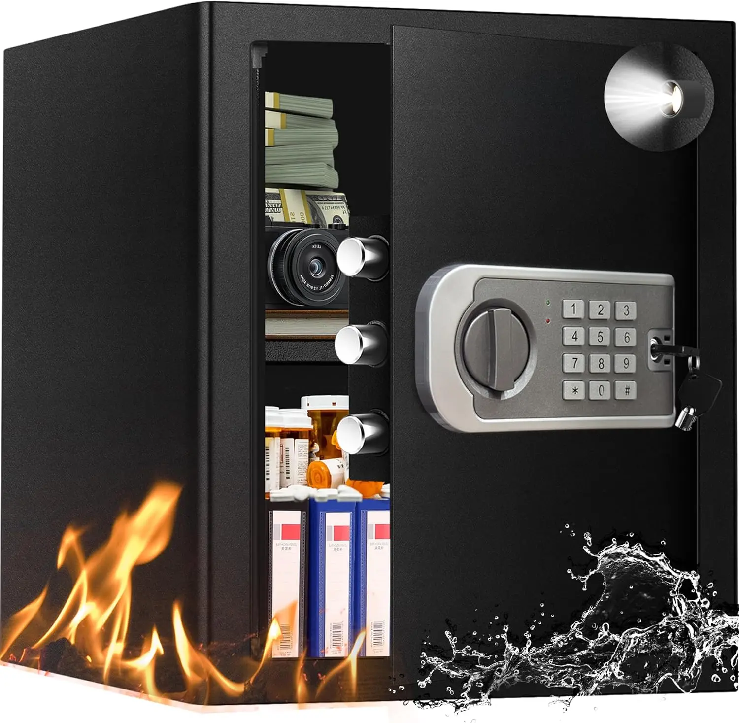 

Сейф для домашних документов — стальной сейф емкостью 2,5 куб. фута, огнестойкий водонепроницаемый сейф, цифровая клавиатура и ключ, функция отключения звука и удаление