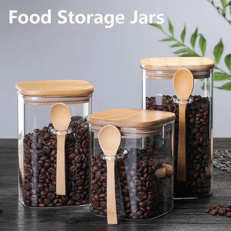 800/1000/1200ML Large Capacity Square Sealed Glass Jar with Spoon Seasoning Coffee Bean Storage Jar Home Sealed Storage tanks