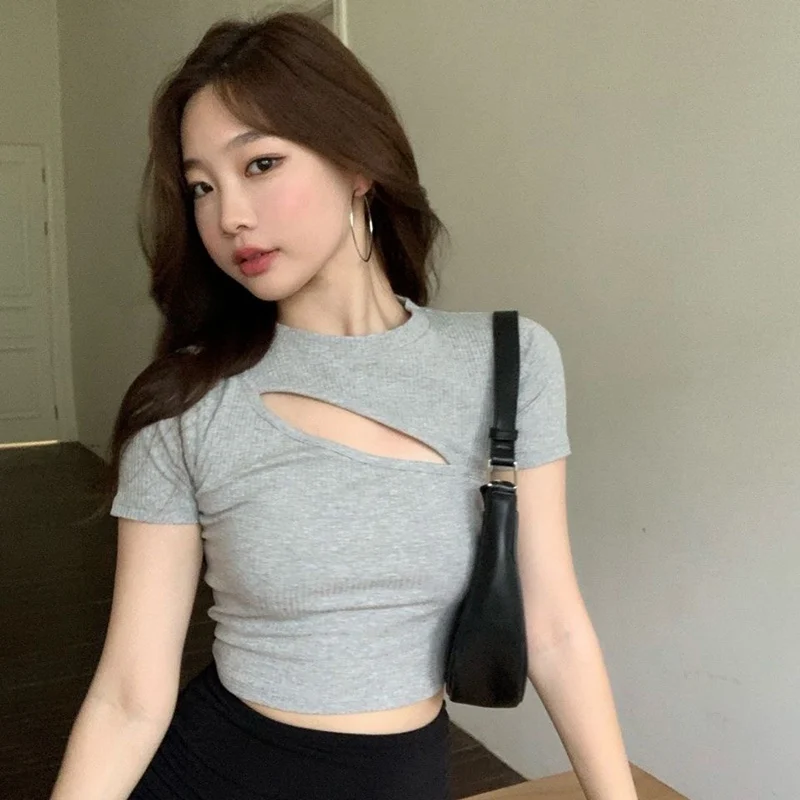 Women's Summer Crew Neck Slim T-shirt Solid Color Sexy Chest Hollow Out Short Sleeve Casual Versatile Crop Top