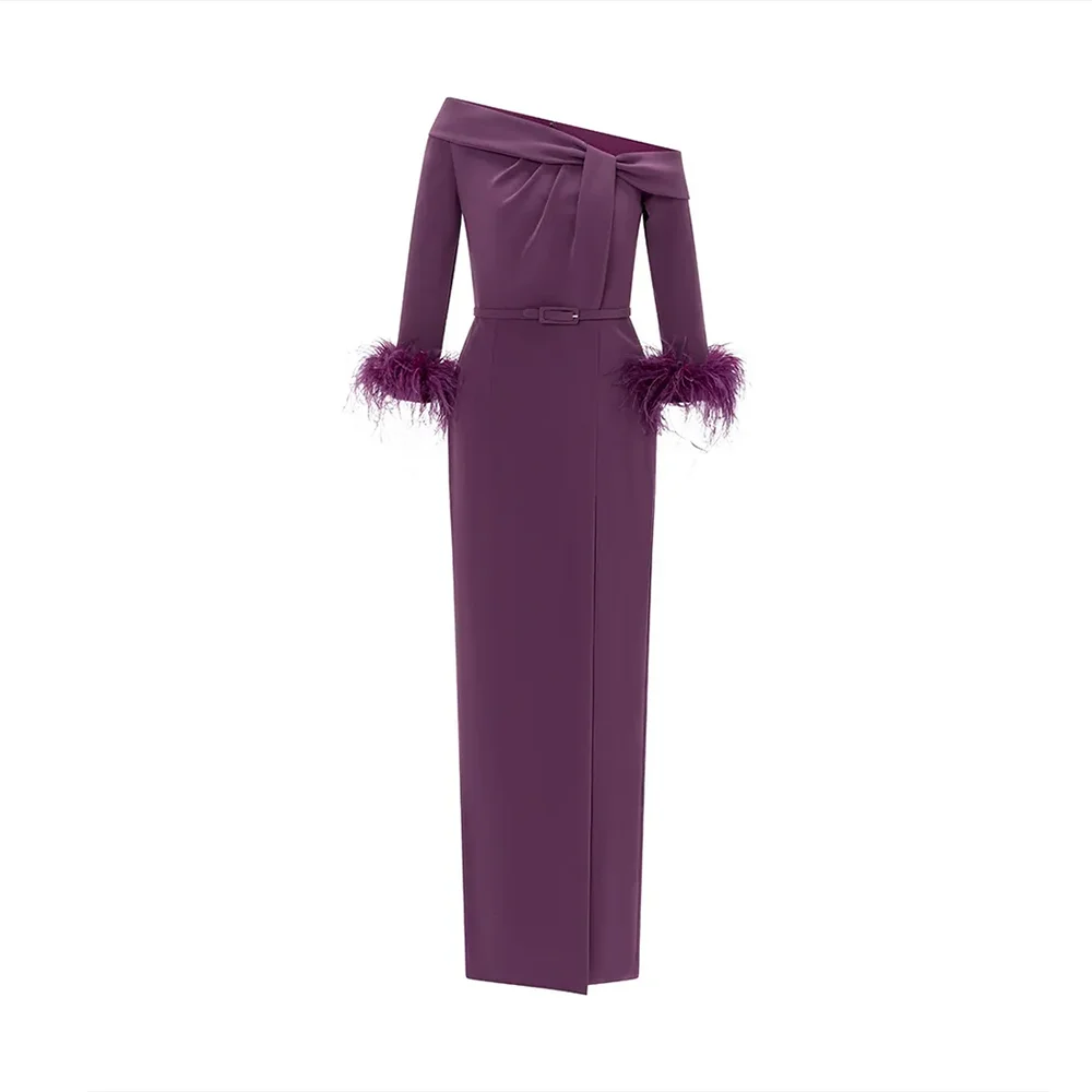 Vestido de noite roxo personalizado fora do ombro pena mangas compridas vestidos de noite para mulher 2025 coxa fenda vestido formal