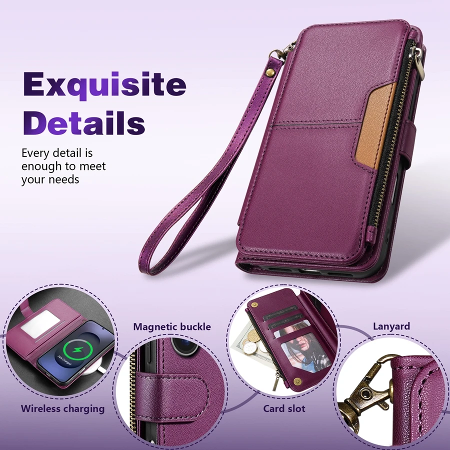 Portemonnee met meerdere kaartsleuven, ritssluiting, standaard, magnetische flip-leren hoes voor Samsung Galaxy S26 Ultra S25 FE S24 Plus S23 S22 S21 S20