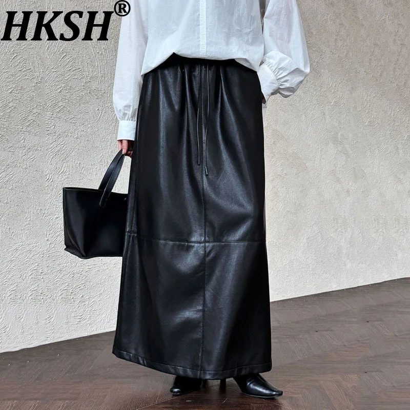 

HKSH Autumn New Women Shirt Faux Leather Drawstring Elastic Waist Back Split Korean Casual High Street Punk Style Skirts HK11634