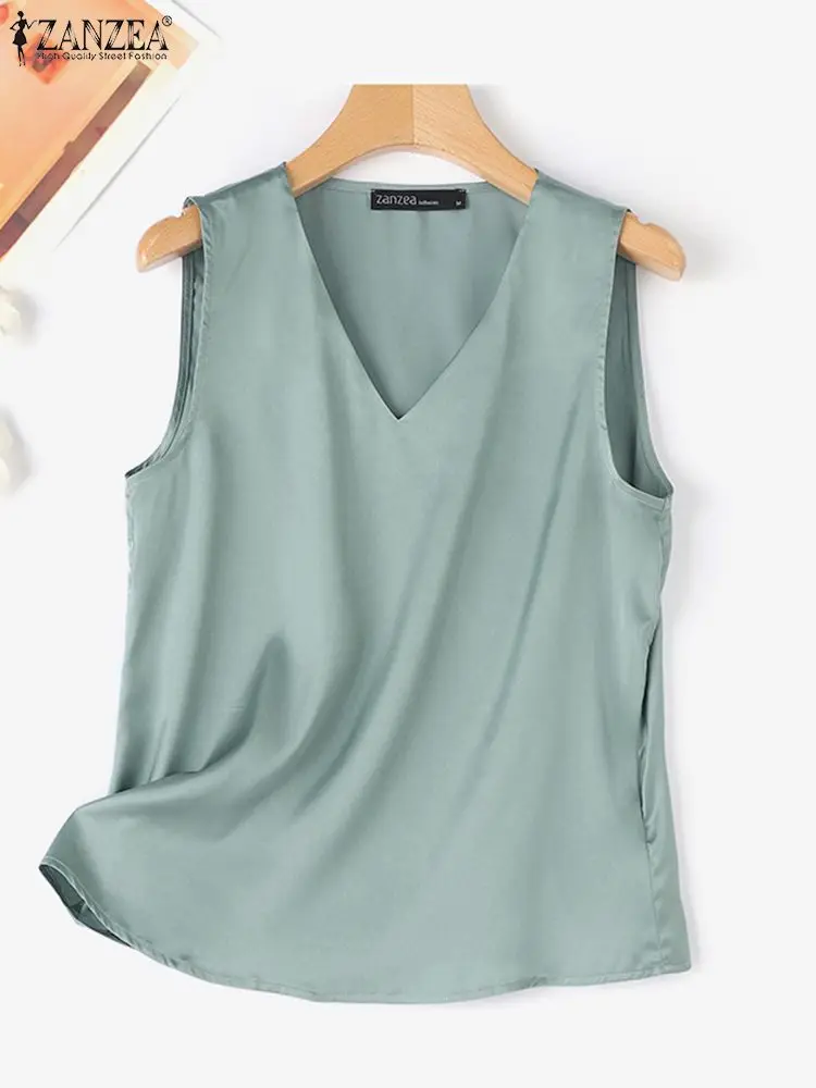 ZANZEA Matte Satin OL Work Shirts Korean Fashion Sleeveless V Neck Solid Color Tank Tops Women 2024 Summer Elegant Blouses