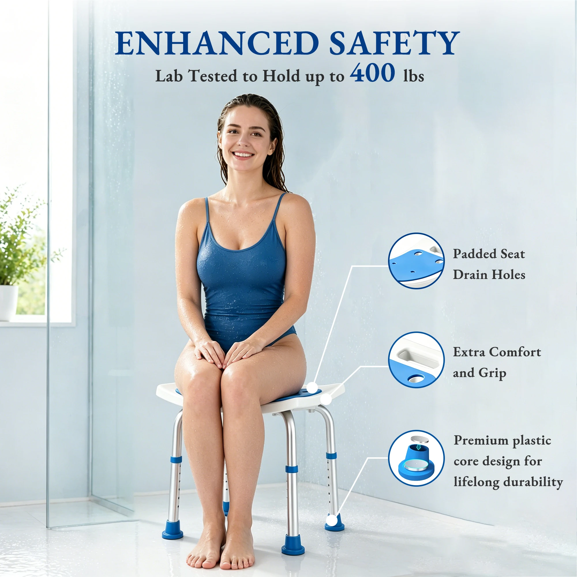 Aluminum Adjustable Shower Chair, 400 Lbs Heavy Duty, Lightweight Bath Seat, Stool for Rehabilitation, Safety Therapy Supplies