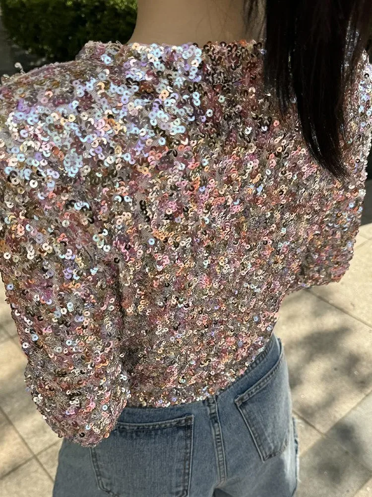 Y2K المرأة بلايز كم طويل سليم تي شيرت مجسم الربيع بريق الترتر البريق قميص الحفلات أنيقة الخامس الرقبة زر حتى مكتب سترة