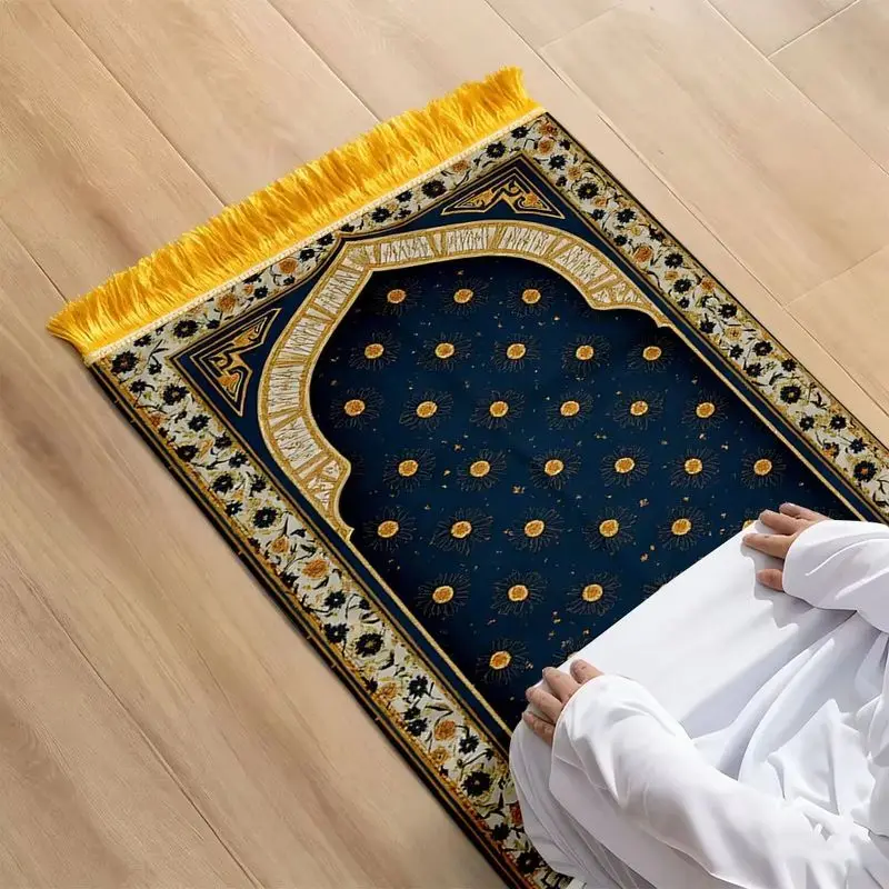 VIKAMA Muslim Sejadah Mat Navy Blue Golden Star Floral Arch Print Fringed Foldable Alfombra Home Worship Prayer Rug
