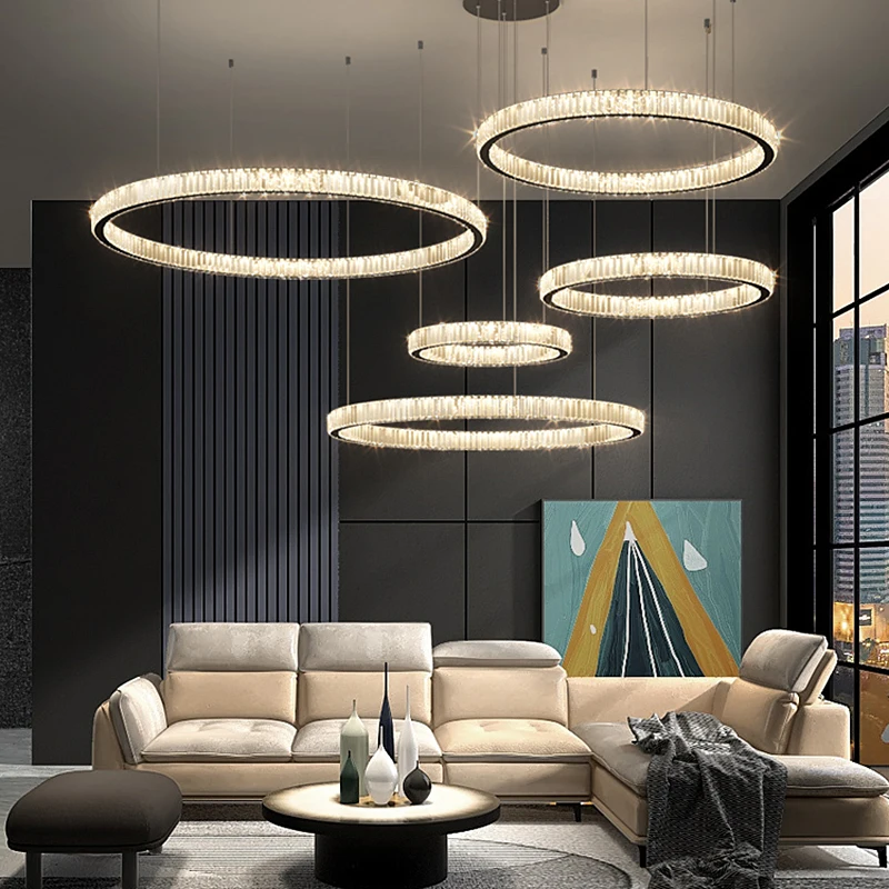 Modern Ring Led Crystal Ceiling Chandeliers Lighting Living Room Home Decor Luxury Pendant Lights Lustre Hanging Lamps Fixtures