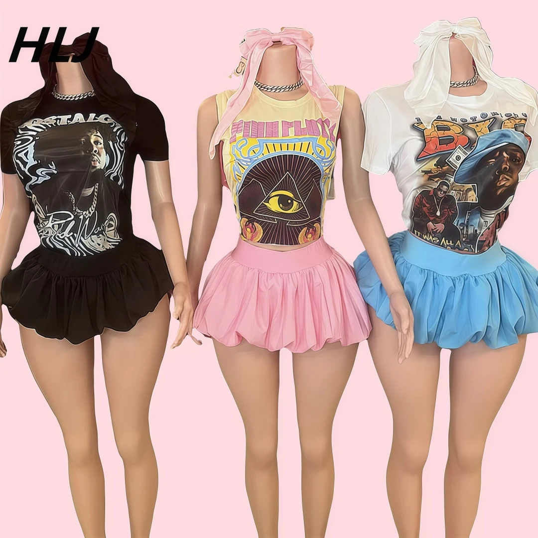 HLJ Y2K Grafitic Printing Tshirt and Mini Puffy Skirt Two Piece Outfits Sets For Women 2024 INS trendy Baddie Bubble Skirts Sets