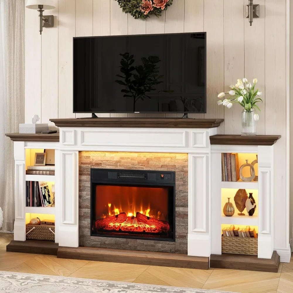 Chimenea eléctrica con repisa y gabinetes, soporte de TV para sala de estar, dormitorio, luz LED, envolvente de piedra apilada