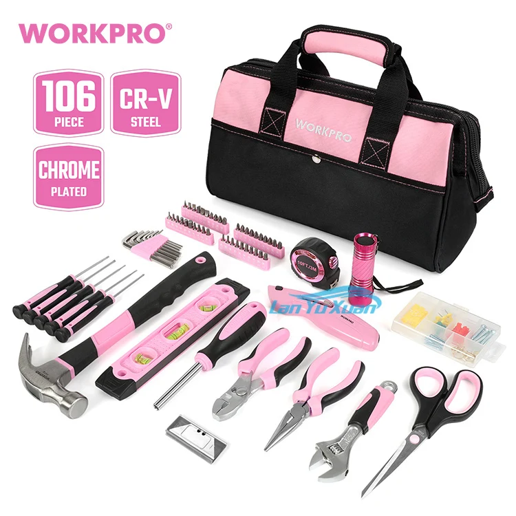 WORKPRO 106PC Home Repairing Tool Kit with Wide Mouth Open Storage Bag Household Pink  Set for Lady