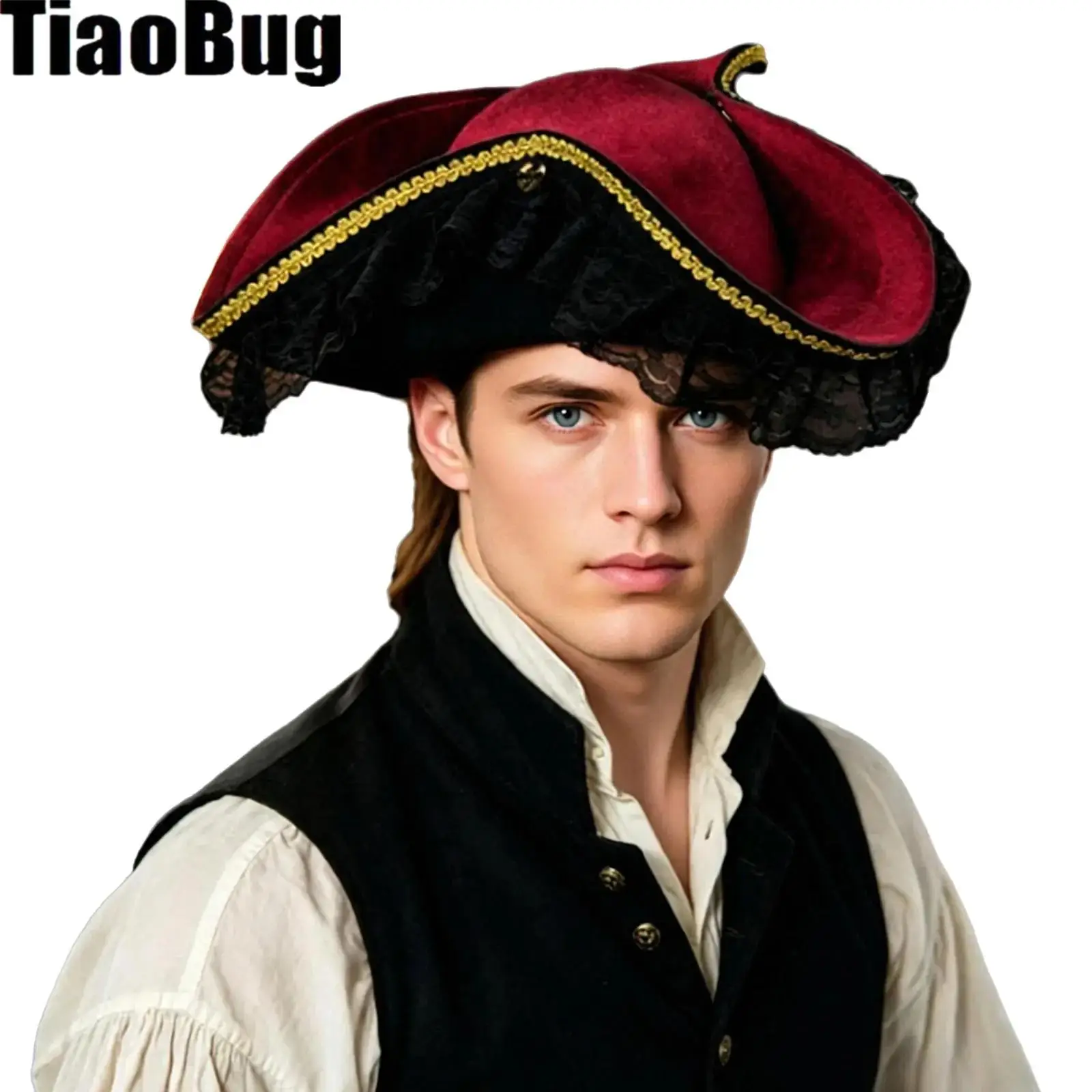 Men Women Ruffles Gold Trim Velvet Pirate Hat Costume Accessory for Adults Halloween Cosplay Costume Party Carnival