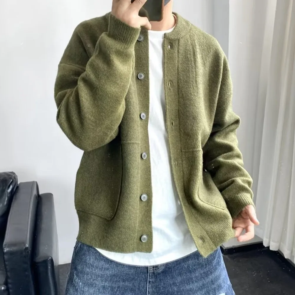 

Loose Men Knitted Sweater Solid Color Simple Style Long Sleeve Cardigan Streetwear Round Neck Warm Coat Jacket Spring Autumn