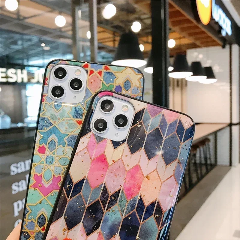 Contrasting Color Gold Foil Silicone Phone Case For iPhone 16 15 14 13 11 12 Pro Max Plus Glitter Geometric Painted Epoxy Cover