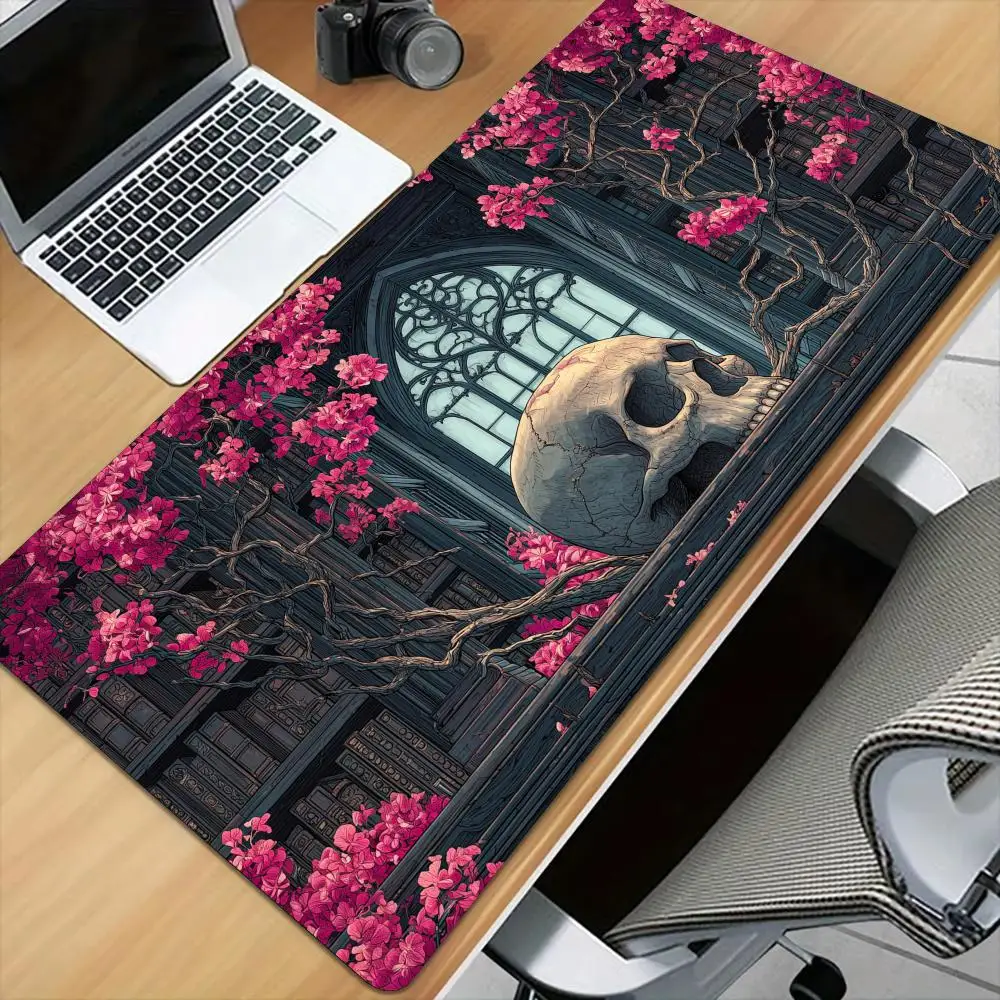 Pink Flower Skull Library Mouse Pad Desk Mat with Stitched Edge XXL Mousepads Rubber Anti-slip Gamer Keyboard Rug Gaming Mats