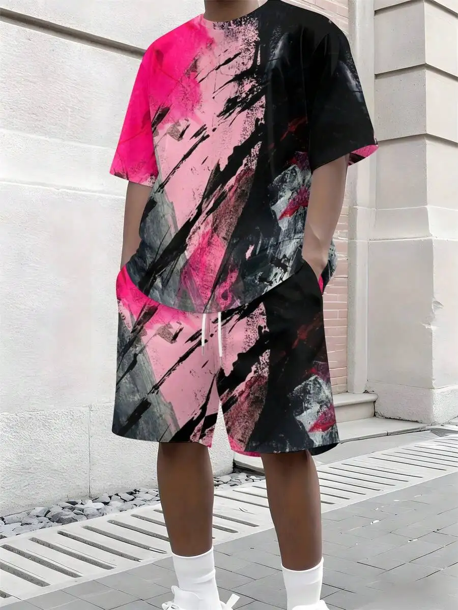 

Mens Black And Pink Graffiti Print Short Sleeve Set With Drawstring Shorts