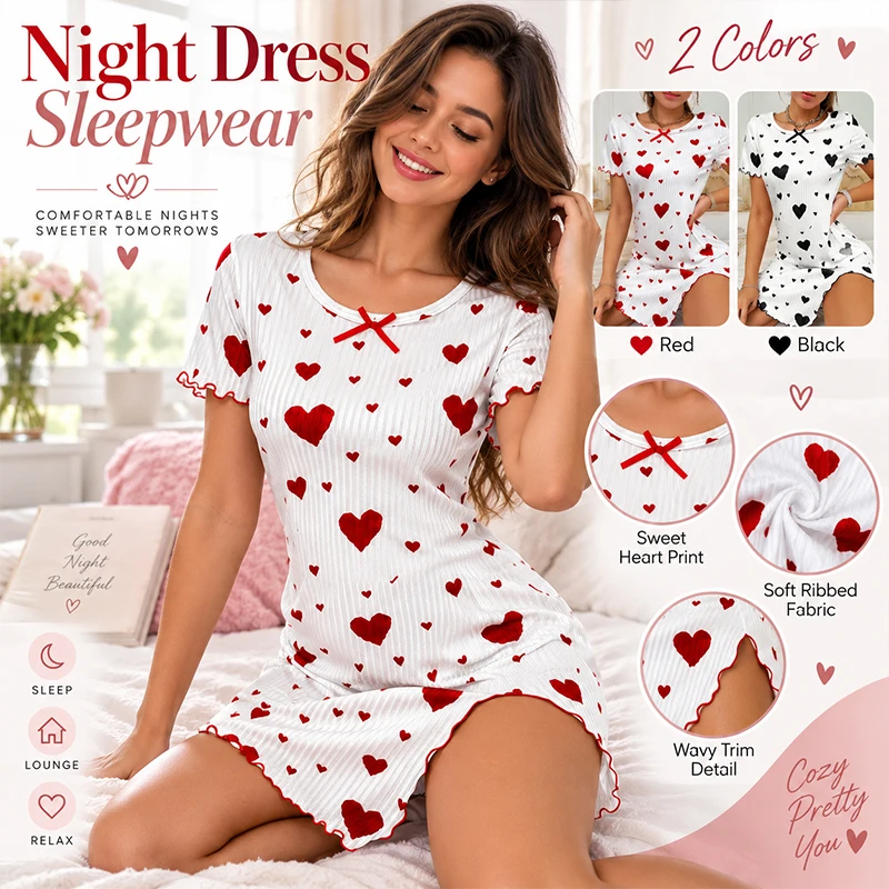 Women Heart Print Nightgown Short Sleeve Ruffle Hem Mini Night Dress Cute Bow Decor Sleepwear Casual Home Pajama Dress for Lady