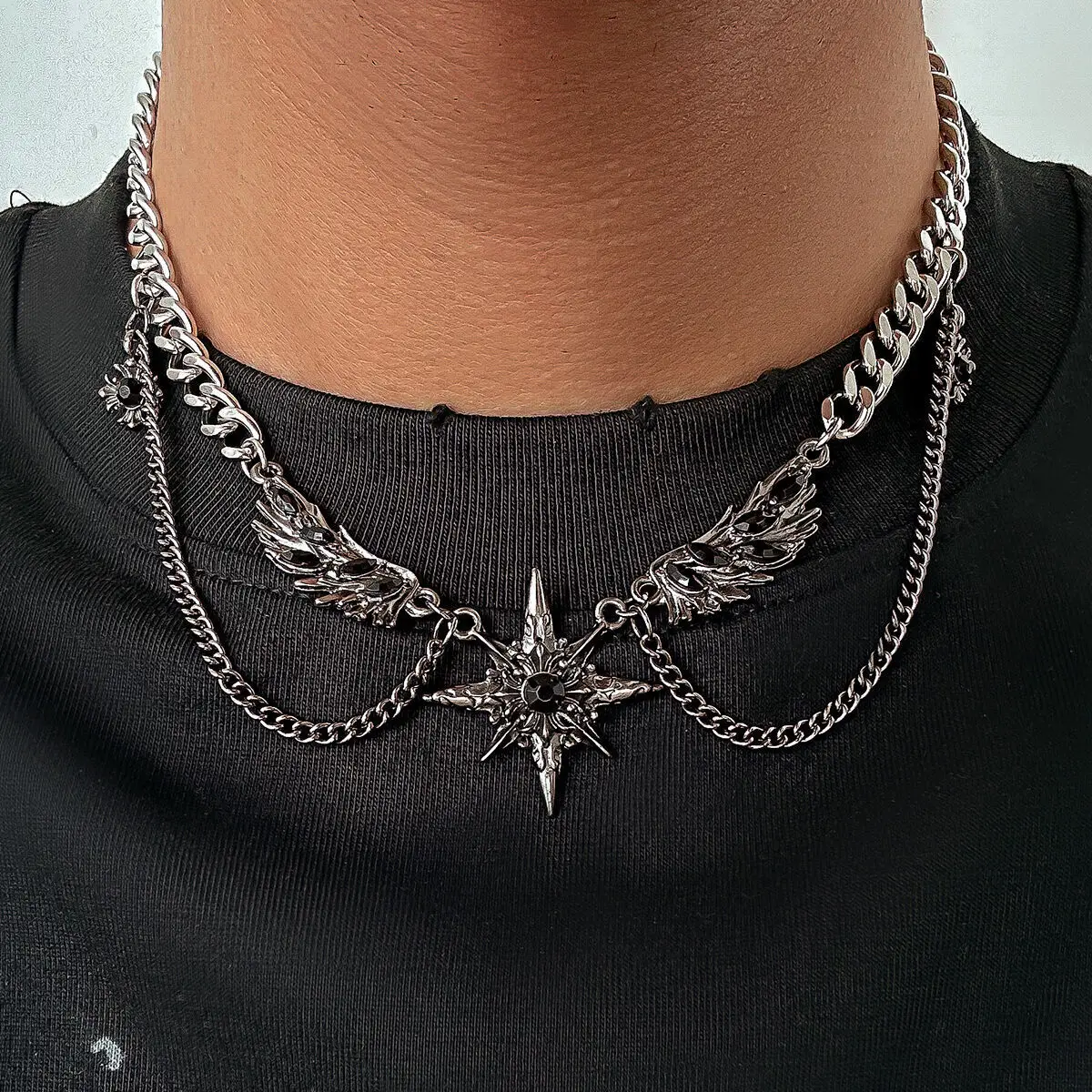 Lacteo Punk Stainless Steel Octagonal Star Wing Necklace Men Trendy Multilayer Adjustable Silver Color Grinding Chain Necklace