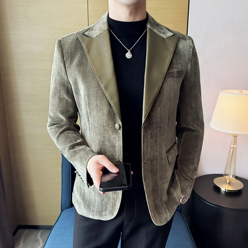 Men Fashionable Business Slimming Trend Color Blocking Splicing Suit Jacket Social Banquet Dress XJ506