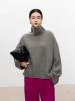 Thickened turtleneck 100% pure cashmere sweater women's loose lazy knit silhouette sweater European products - Image 2