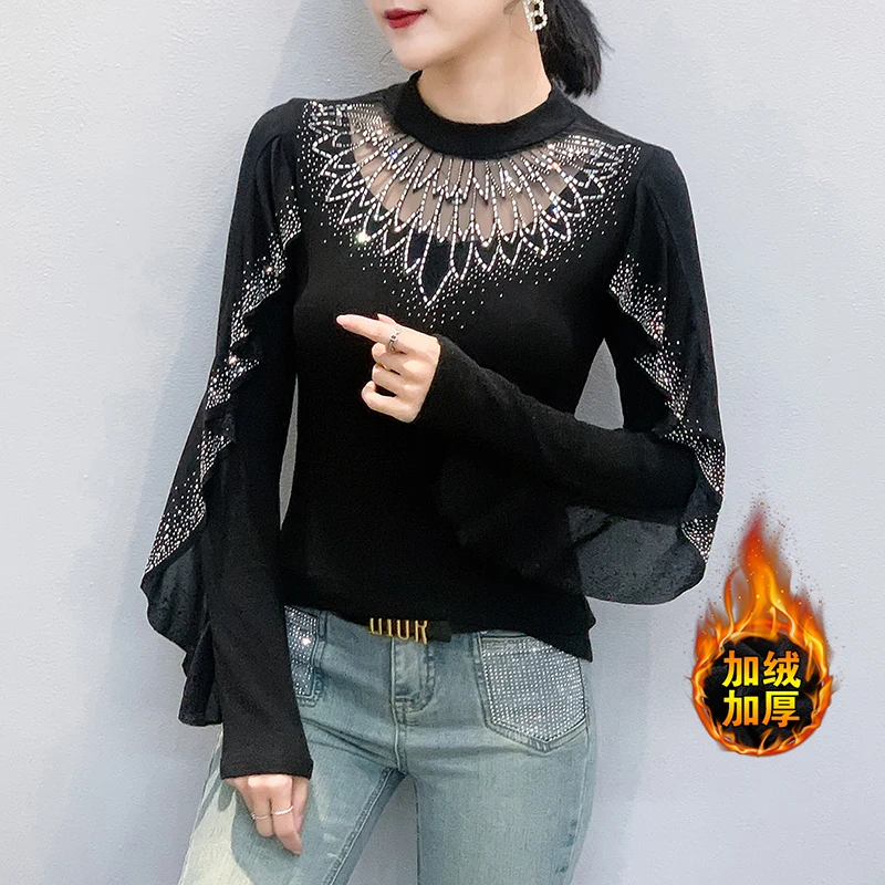 

2026,European,Clothes,With fleece,T-Shirt,Fashion,Sexy,O-Neck,Patchwork,Ruffles,Shiny,Diamonds,Women,Tops,Long Sleeve,Tees,51103