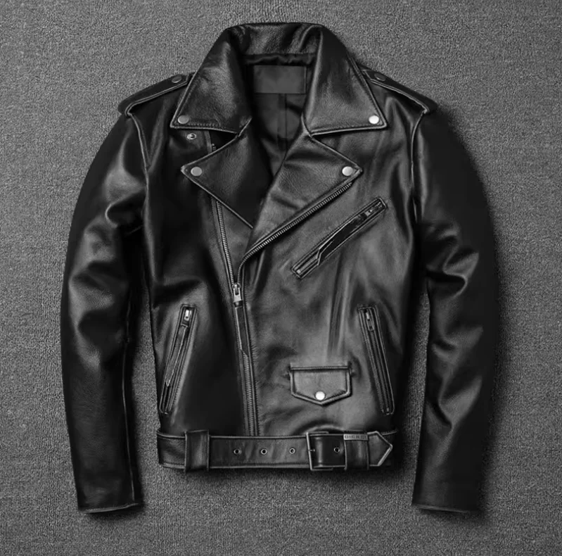 

Мужская короткая куртка-косуха из натуральной кожи с отложным воротником в стиле ретро