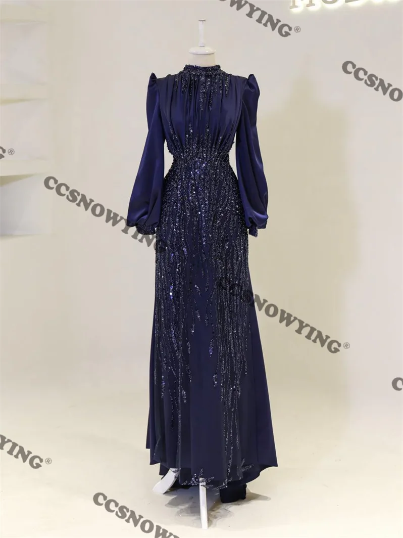 Satin Appliques Beaded Muslim Hijab Evening Dresses Full Sleeve Islamic Formal Party Gown Women Arabic Kaftan Robe De Soiree